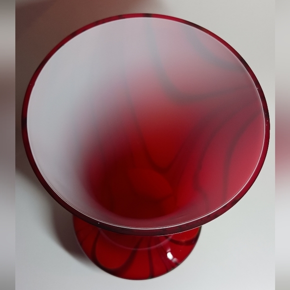 Red White Cased Glass Vase Art Green Orange Ribbon Lines, approx. 12" Tall - Picture 6 of 7